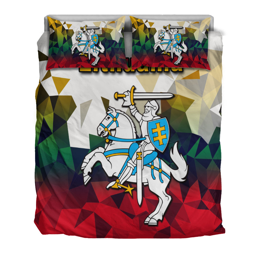 Lithuania bedding set close-up: knight on white with red geometric pattern, includes two pillows