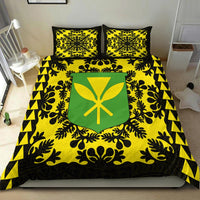 Duvet cover and pillow set in yellow, black & green with shield emblem center