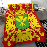Red bedding set with bright green shield crest and yellow flame design, two decorative pillows