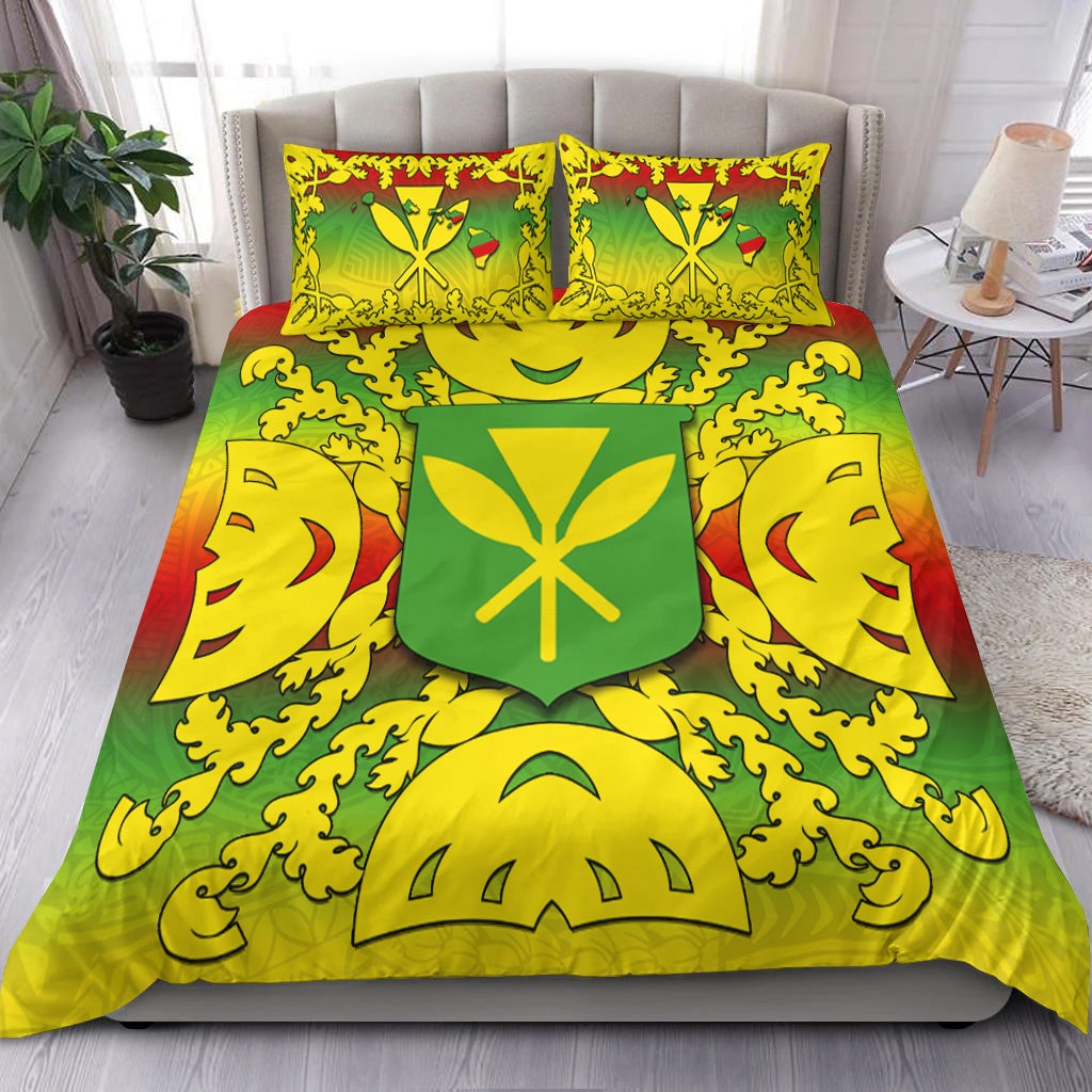 Hawaiian bedding set with two yellow pillows and green-yellow-red gradient shield motif