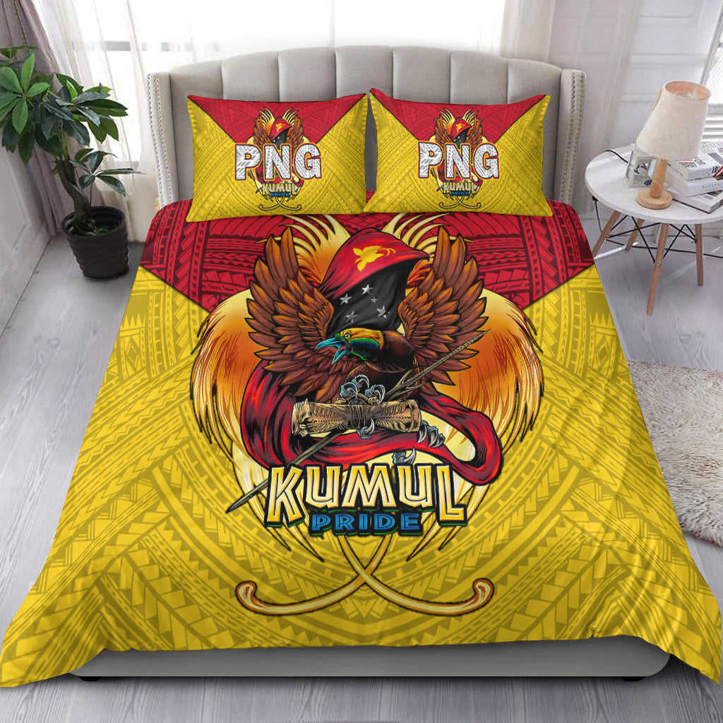Yellow rugby bedding set with winged eagle Kumul Pride print; two pillows show PNG logos.