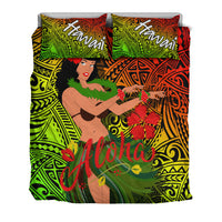Coordinated duvet and two pillow shams with hula girl, “Aloha” script, tribal tiki designs
