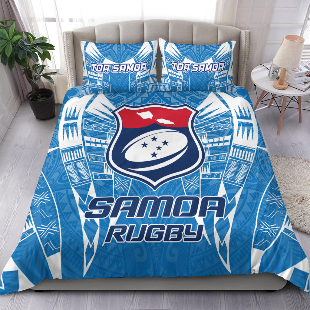 Blue Samoa Rugby bedding set with central shield emblem and two TOA SAMOA pillowcases