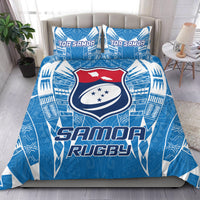 Blue Samoa Rugby bedding set with central shield emblem and two TOA SAMOA pillowcases