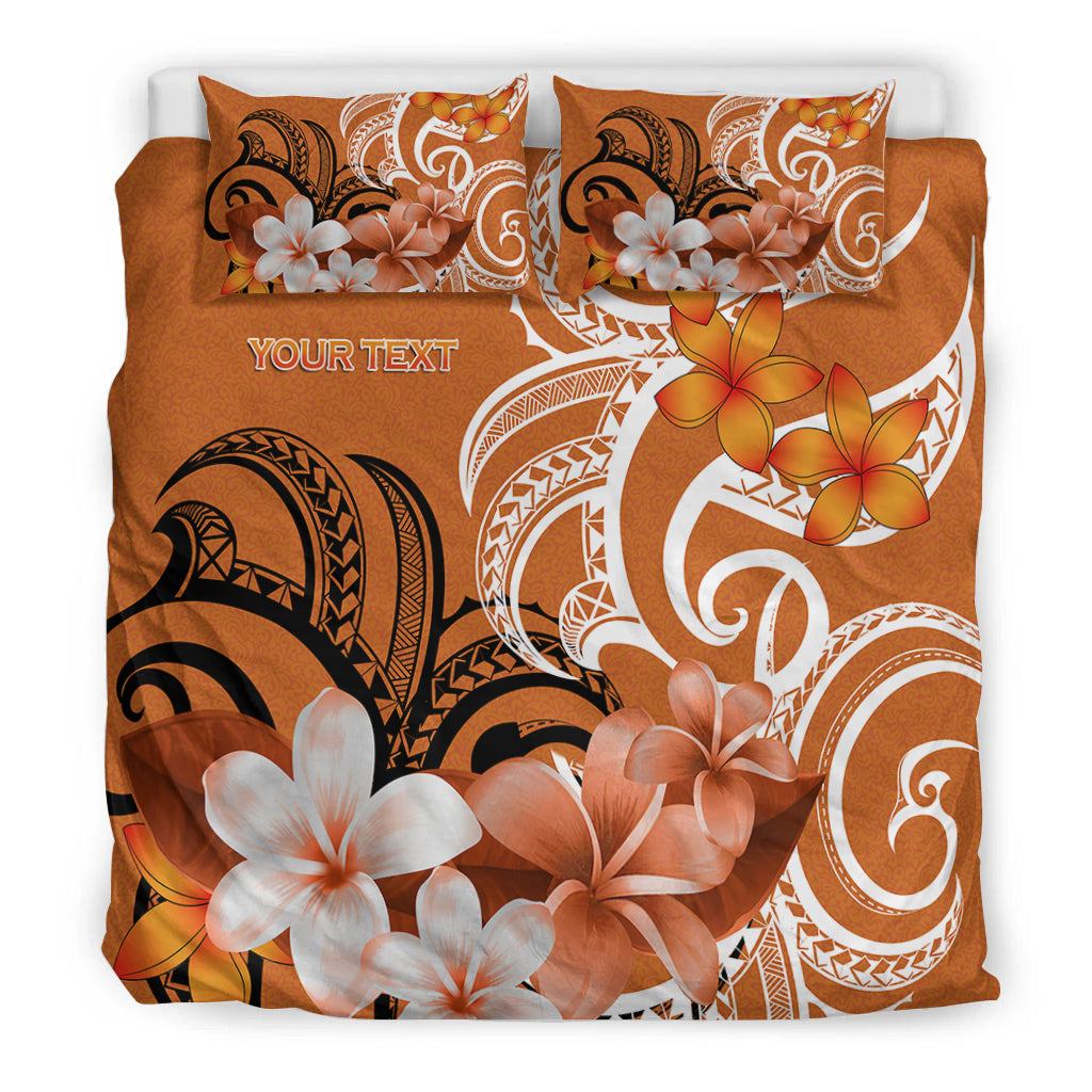 Orange duvet cover with floral and tribal swirl design, two pillowcases, shows “YOUR TEXT”
