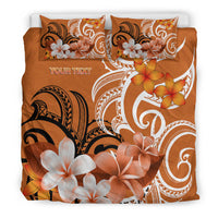 Orange duvet cover with floral and tribal swirl design, two pillowcases, shows “YOUR TEXT”