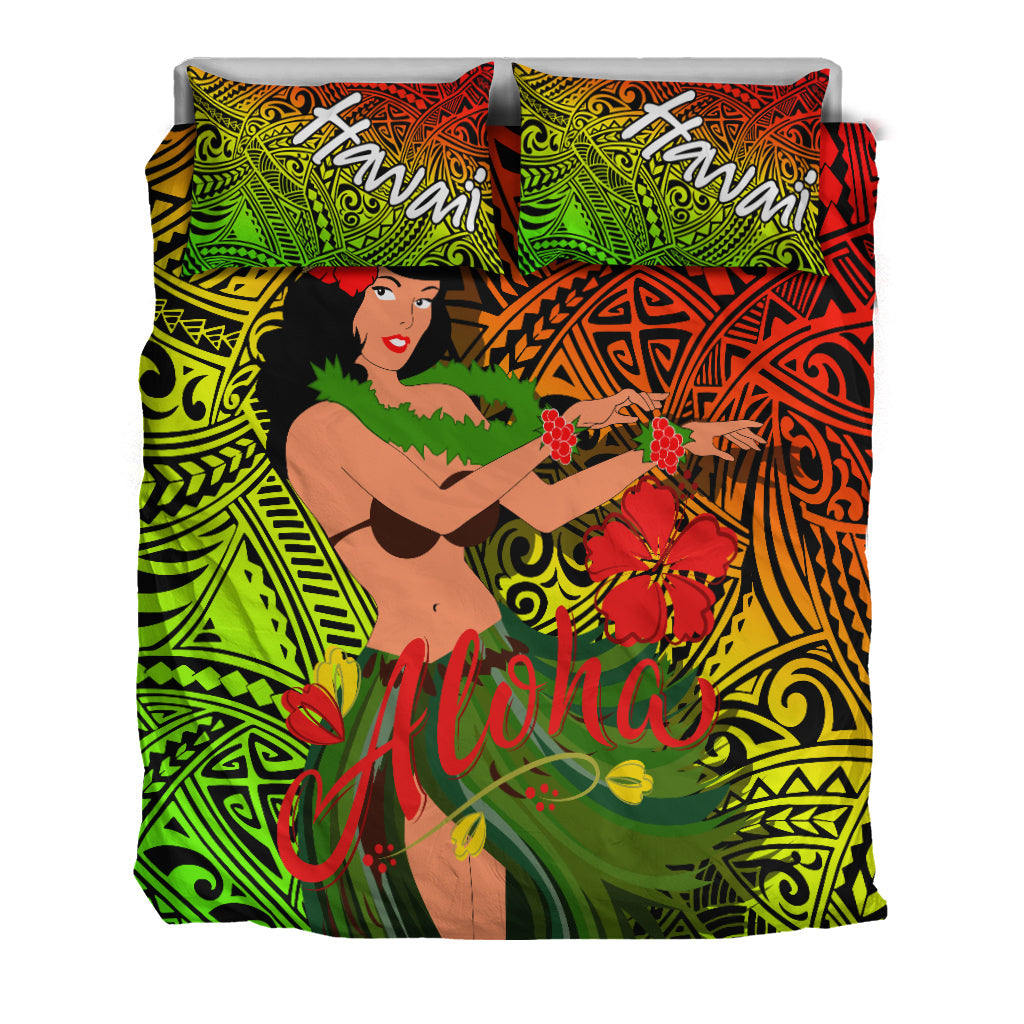 Hula girl duvet and pillow bedding set, 'Aloha' script, bright green-red-yellow tribal pattern