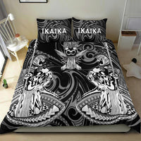Black duvet cover set with white warrior tribal print and 'IKA IKA' text on 2 pillows