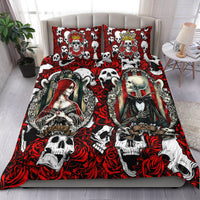 Red and black skull rose bedding set with two pillowcases, bold character portraits