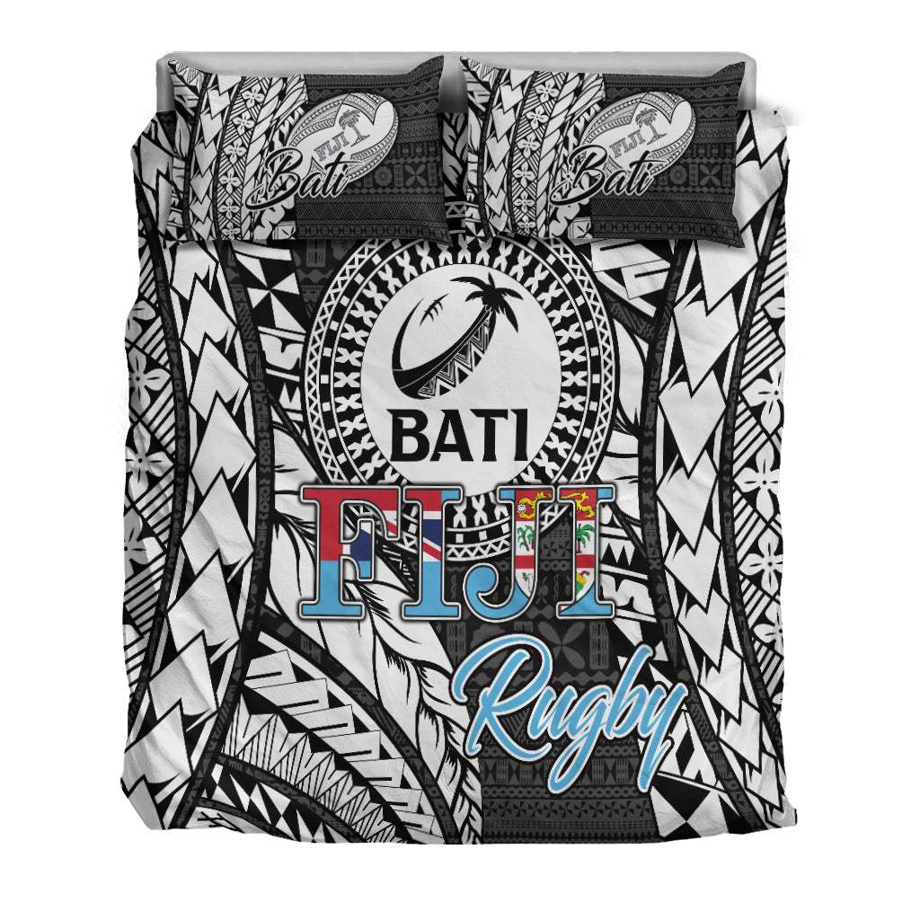 Fiji Rugby Bati bedding set in black and white, large “Fiji Rugby” text with tribal accents