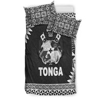 Black Tonga duvet set with coat of arms emblem, TONGA word, and geometric border