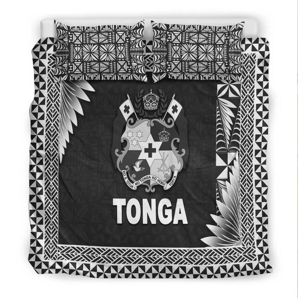 Black Tonga duvet set with crest, large TONGA text, and geometric patterned frame