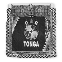 Black Tonga duvet set with crest, large TONGA text, and geometric patterned frame