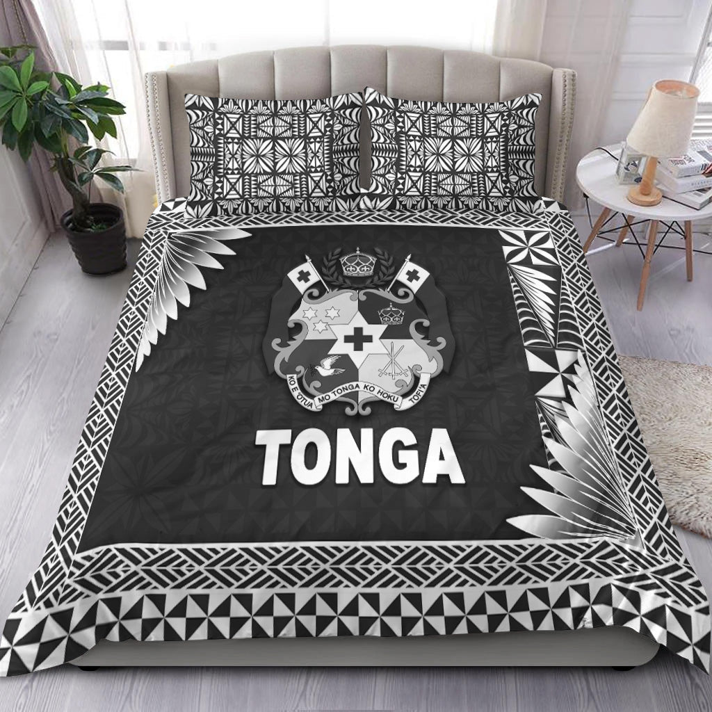 Black & white Tonga bedding set, coat of arms crest and bold TONGA lettering