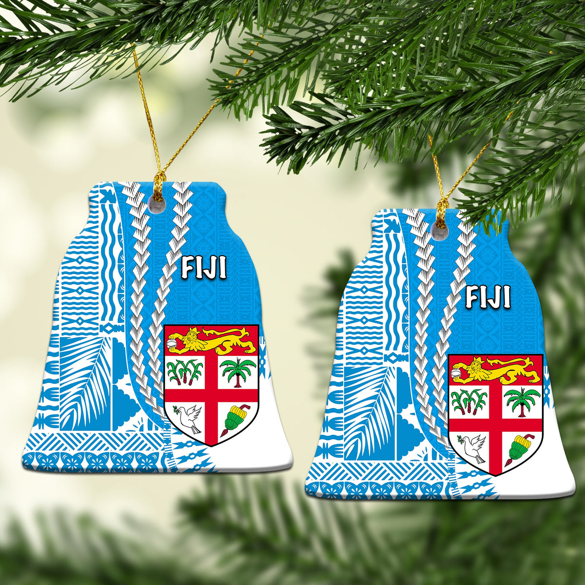 Fiji bell-shaped ceramic Christmas ornament with blue tropical pattern, crest, hanging on gold cord