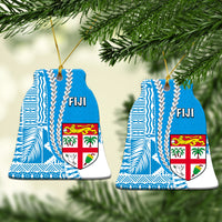 Fiji bell-shaped ceramic Christmas ornament with blue tropical pattern, crest, hanging on gold cord