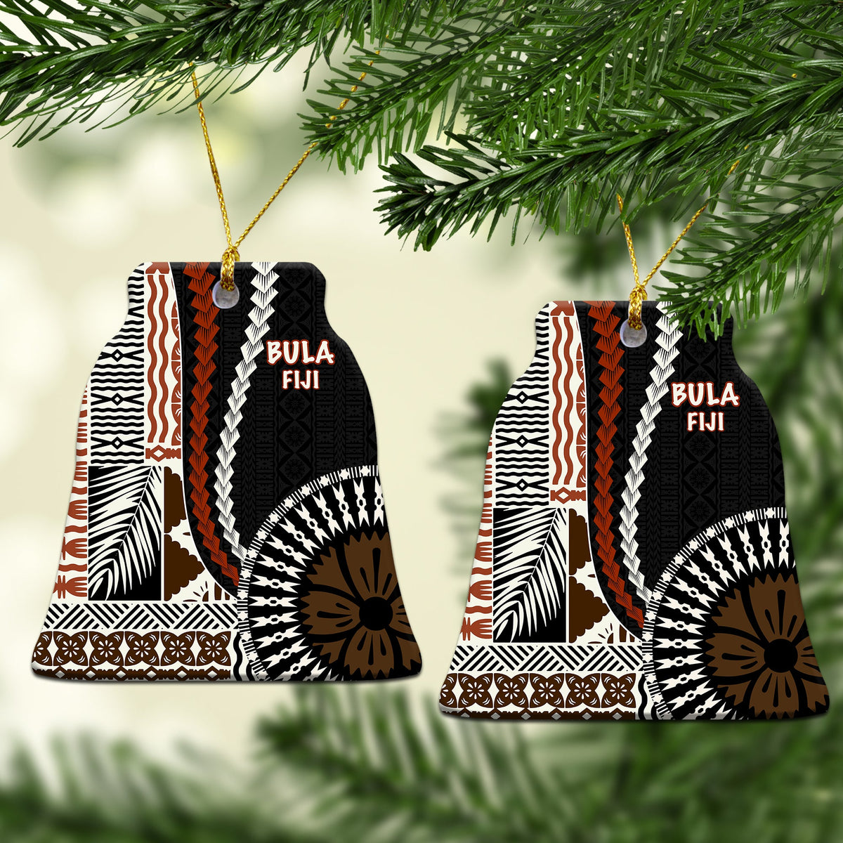 Heart-shaped ceramic Christmas ornament, black “BULA FIJI” with orange and white tribal design