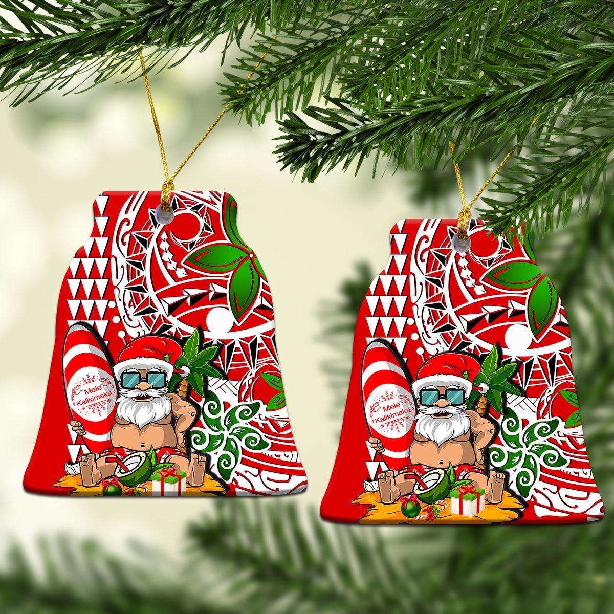 Mele Kalikimaka Santa bell-shaped ceramic ornament with red, white, and green artwork