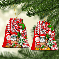 Mele Kalikimaka Santa bell-shaped ceramic ornament with red, white, and green artwork