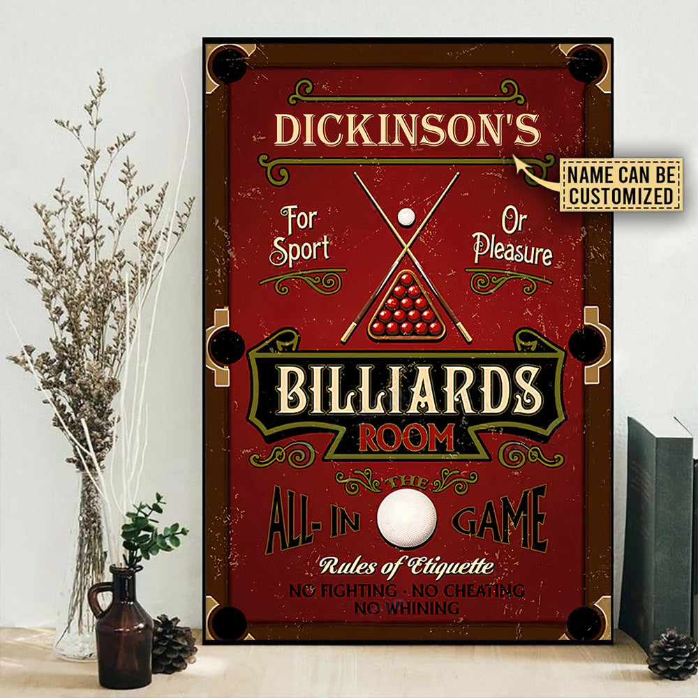 Personalized billiards room vertical poster, DICKINSON'S above cue sticks and triangle rack