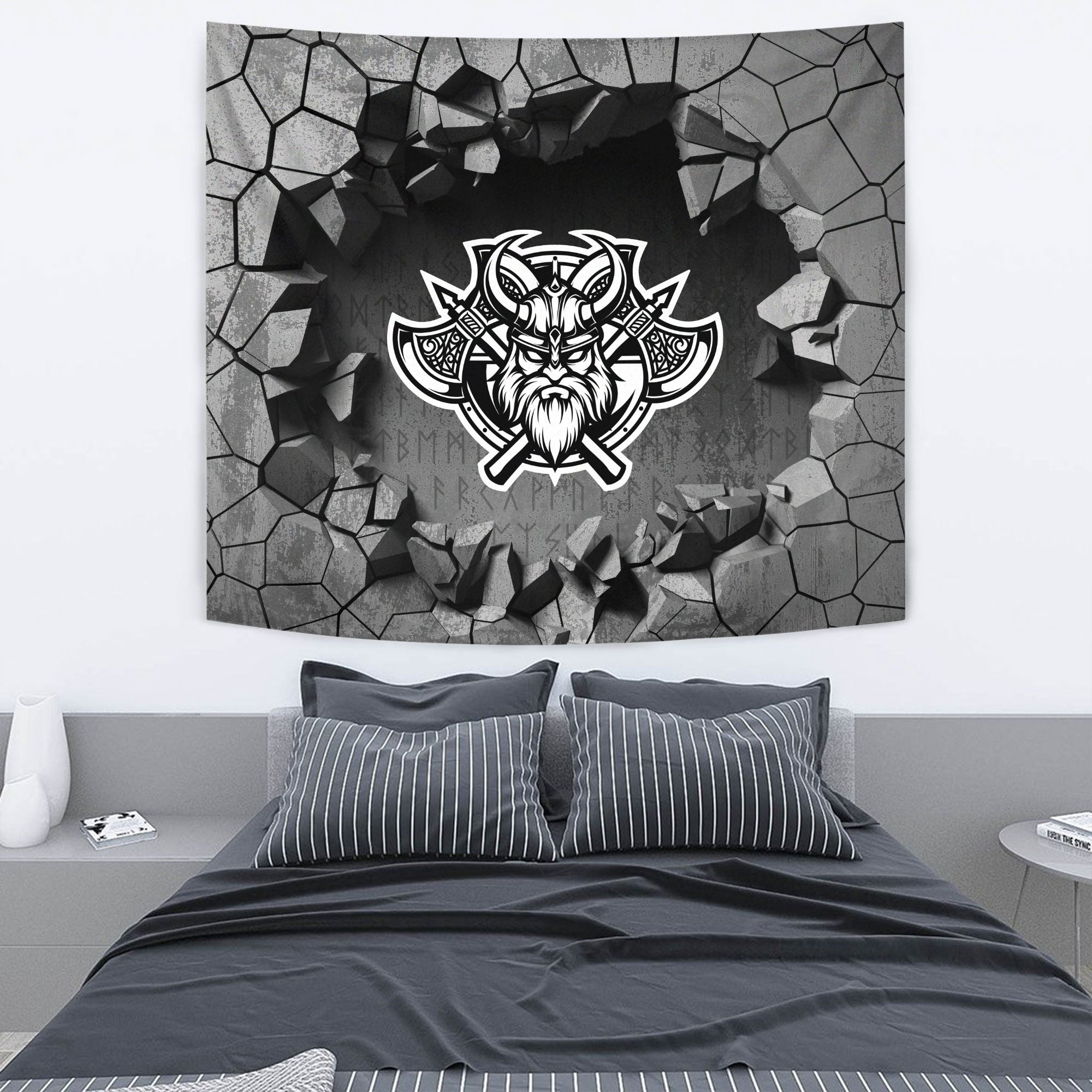 Viking Tapestry - Black and White Head With Shield and Axe Tapestry RLT12 - Wonder Print Shop