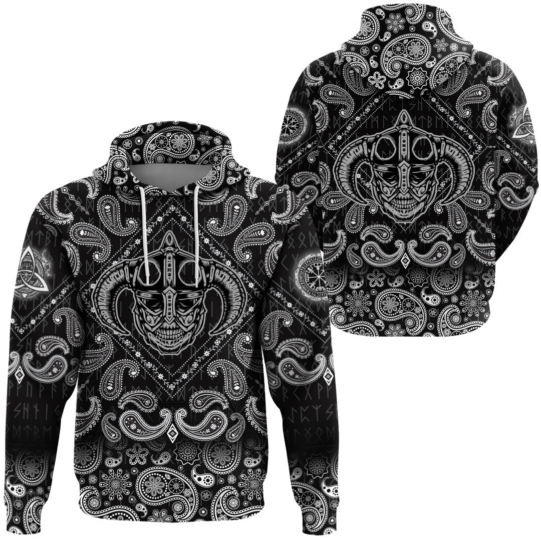 Viking Hoodie Black and White Skull Using Helmet with Bandana Paisley Style RLT12 - Wonder Print Shop