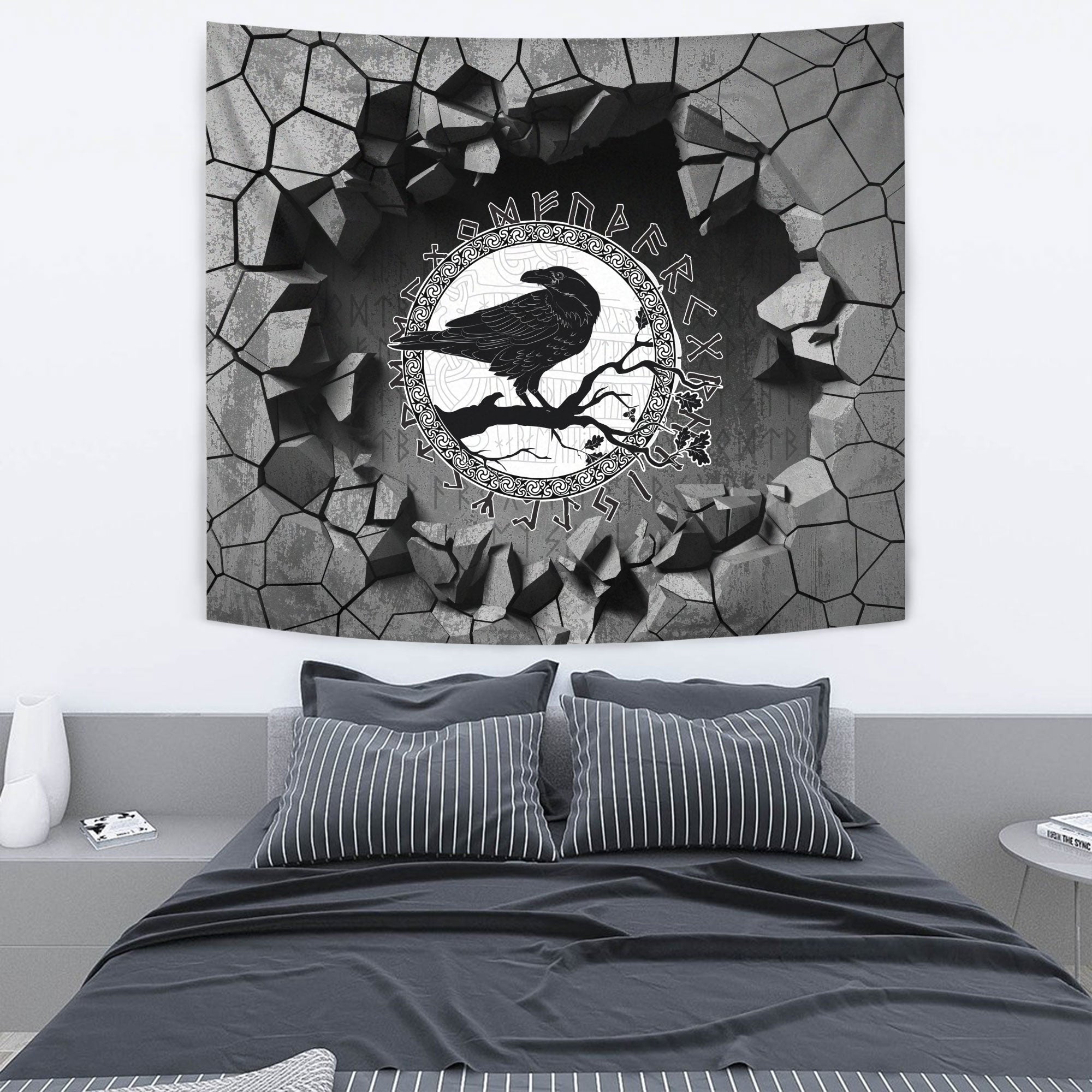 Viking Tapestry - Black Crow Sitting On Branch Of An Oak Tree Tapestry RLT12 - Wonder Print Shop