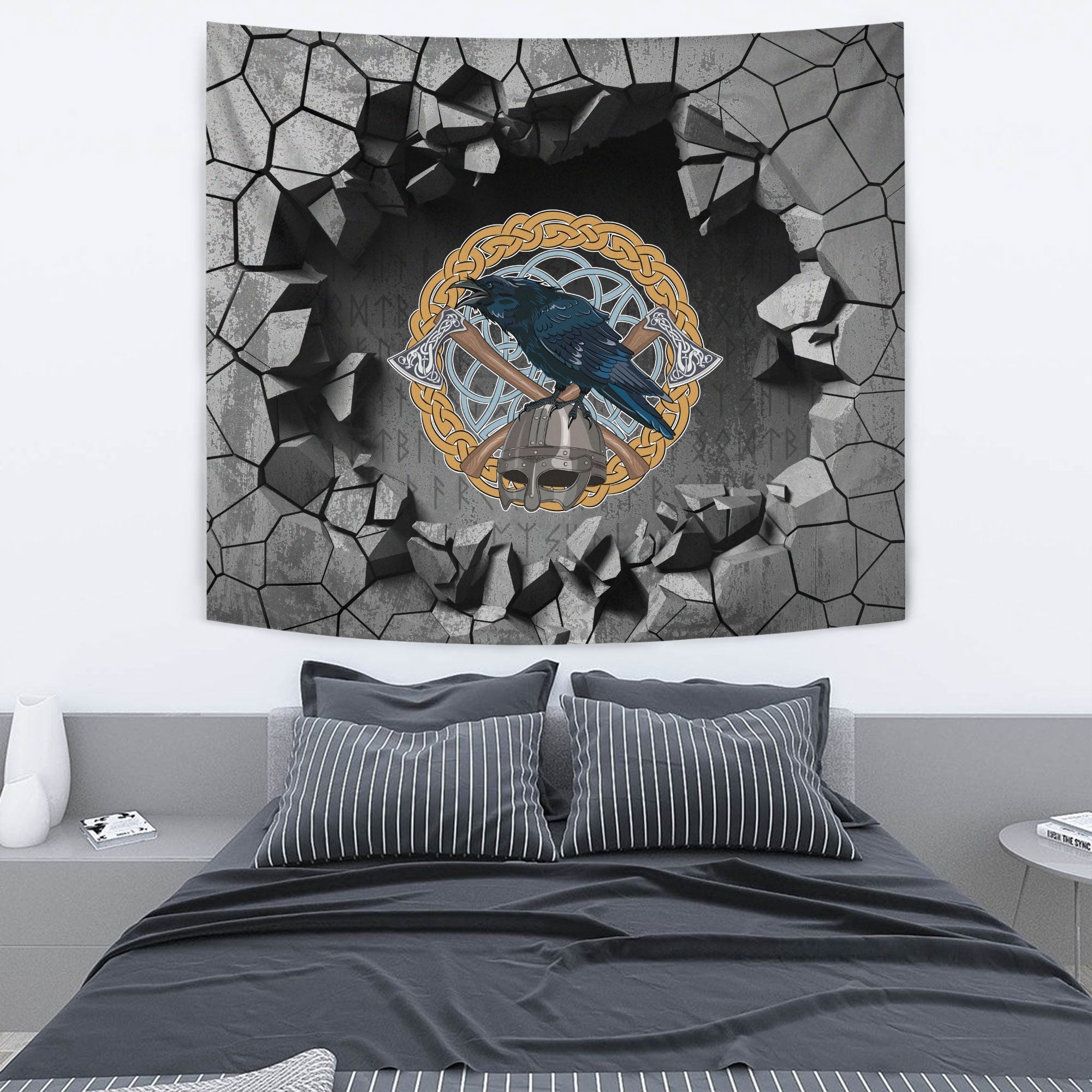 Viking Tapestry - Black Crow Sitting On Helmet With Two Crossed Axes Tapestry RLT12 - Wonder Print Shop