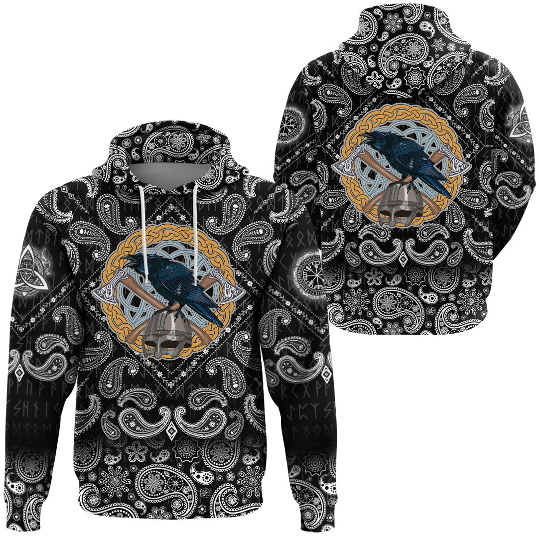 Viking Hoodie Black Crow Sitting On Helmet With Two Crossed Axes with Bandana Paisley Style RLT12 - Wonder Print Shop