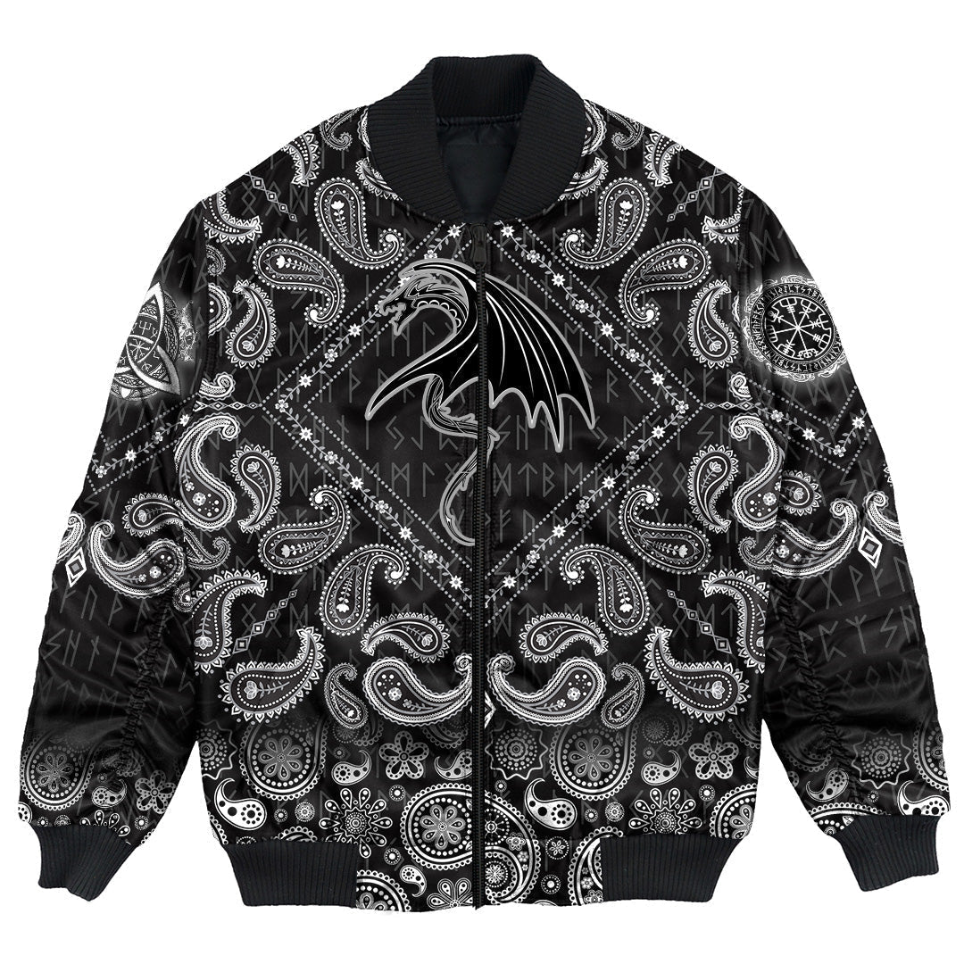 Viking Bomber Jacket Black Dragon with Bandana Paisley Style RLT12 - Wonder Print Shop