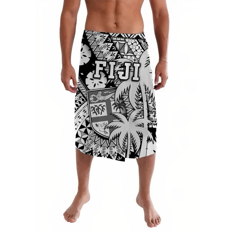 Black and white patterned wrap skirt with palm and crest motifs