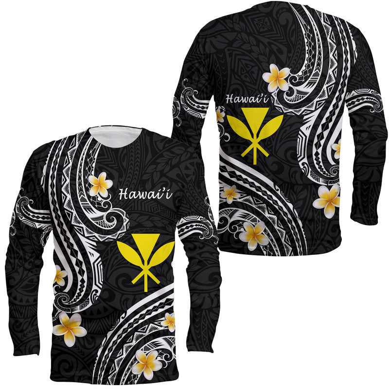 Black long-sleeve shirt with Polynesian line pattern, white swirls, yellow flowers, crew neck