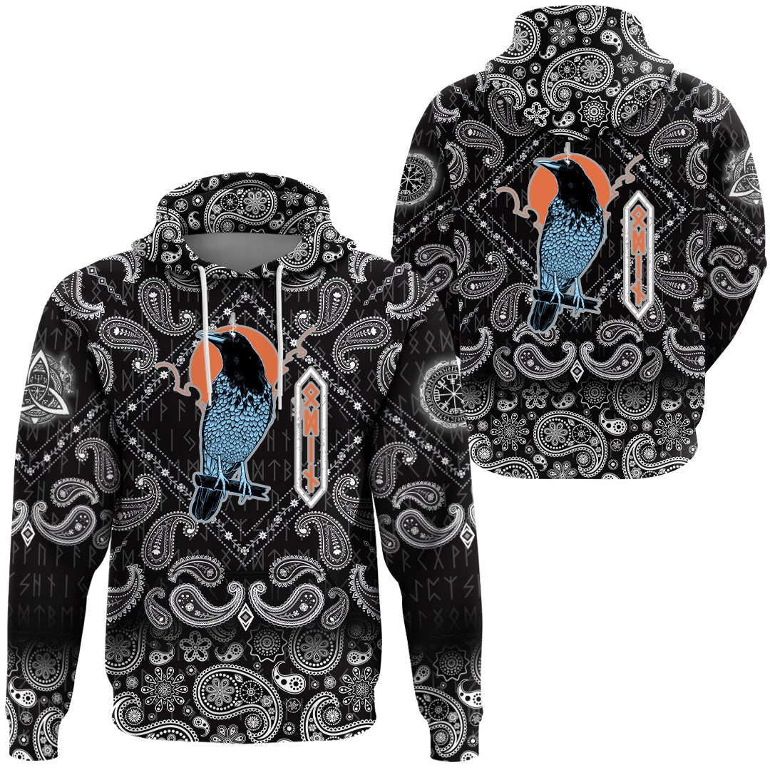 Viking Hoodie Black Raven with Bandana Paisley Style RLT12 - Wonder Print Shop