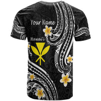 Black T-shirt with white Polynesian line art, yellow emblem, and 'Your Name' back print