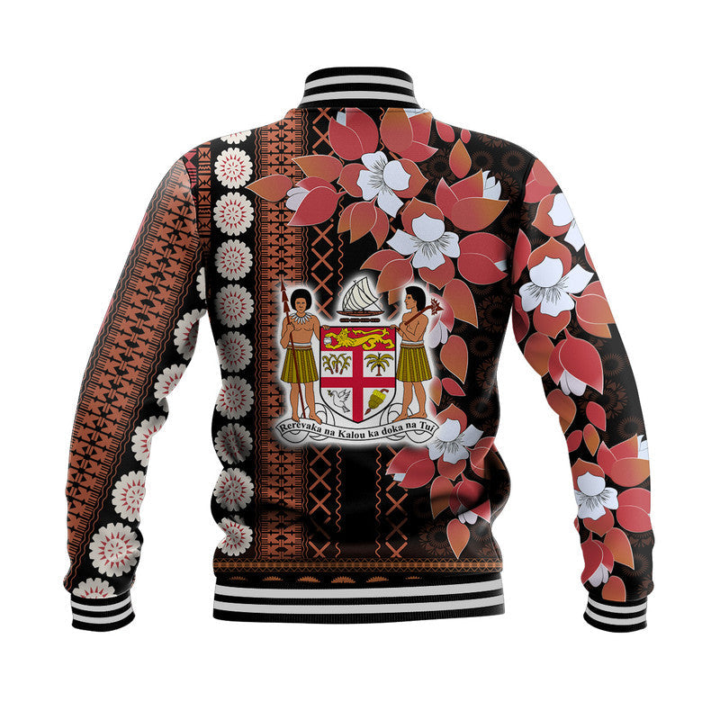 Fiji baseball jacket back with central crest and tapa floral pattern, ribbed striped hem