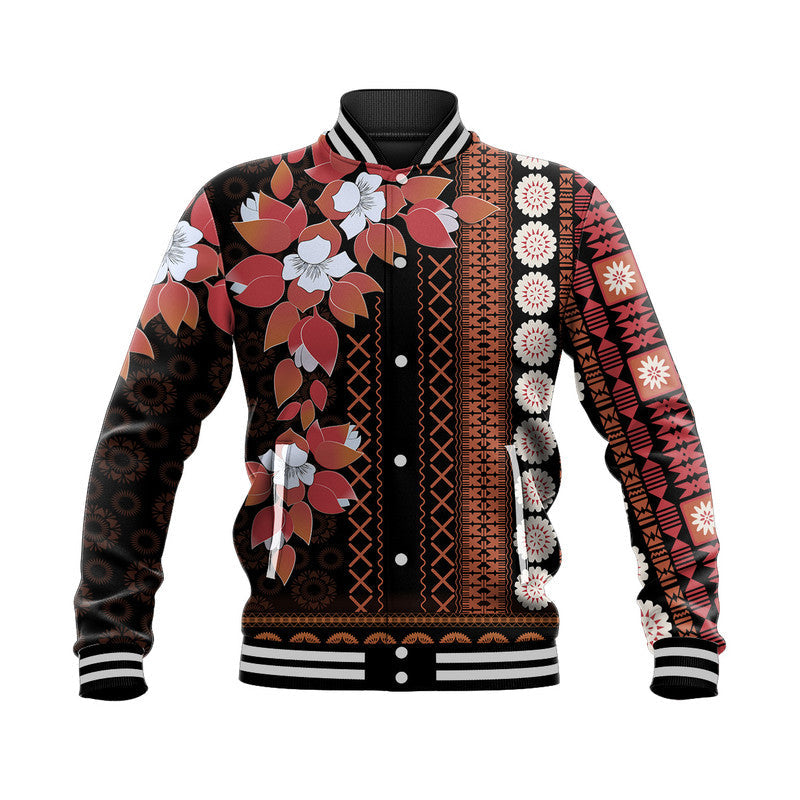 Fiji baseball jacket in dark tones with tapa floral panels, ribbed striped collar and cuffs