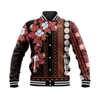 Fiji baseball jacket in dark tones with tapa floral panels, ribbed striped collar and cuffs