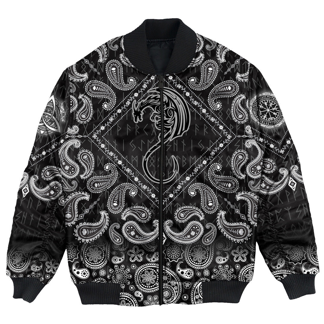 Viking Bomber Jacket Black Winged Dragon Spirit Of Celts with Bandana Paisley Style RLT12 - Wonder Print Shop