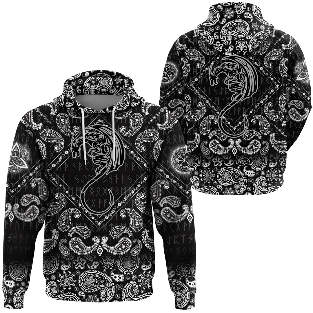 Viking Hoodie Black Winged Dragon Spirit Of Celts with Bandana Paisley Style RLT12 - Wonder Print Shop