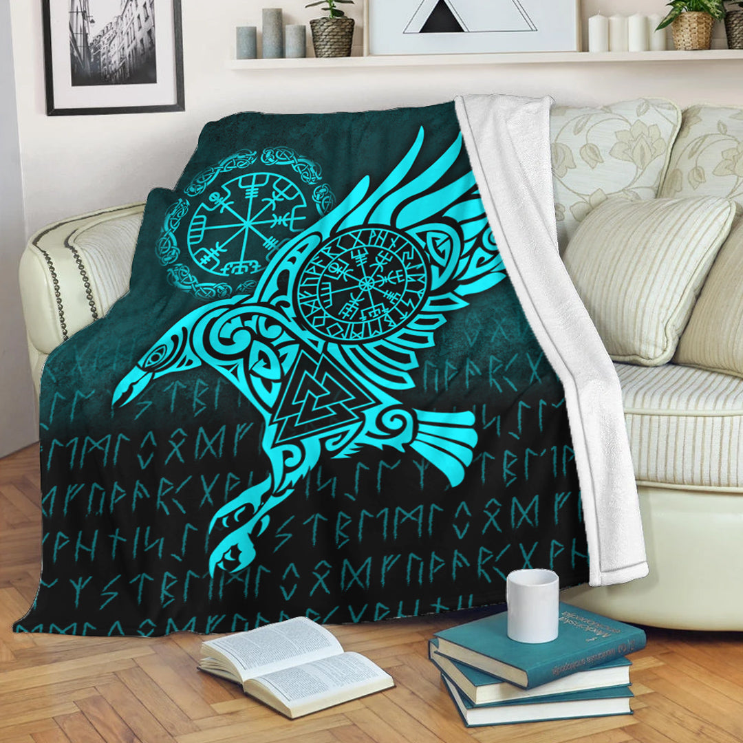 viking-premium-blanket-raven-vegvisir-tattoo-cyan-version-premium-blanket