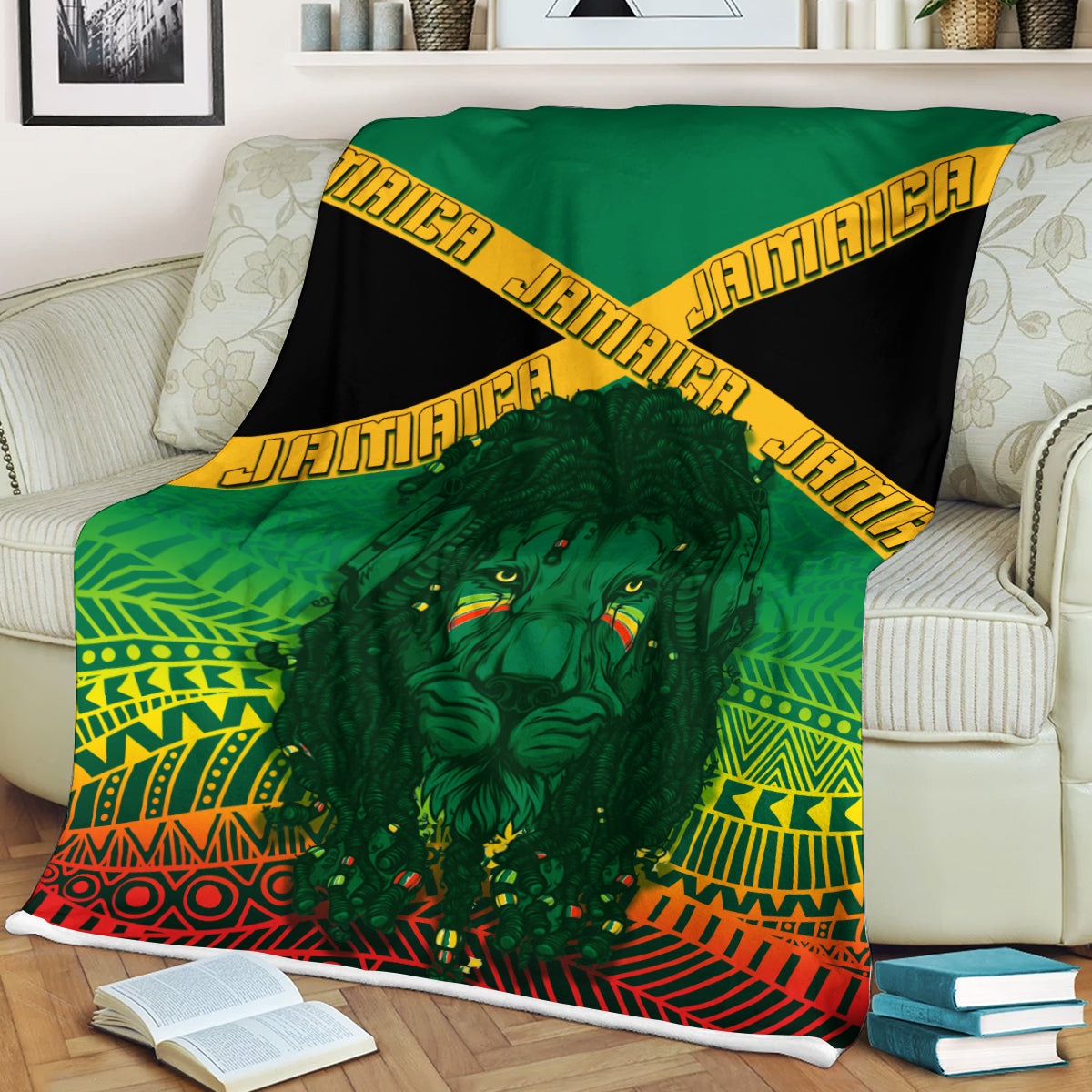 Rasta kente style blanket with green lion face, red-yellow patterns and black accents