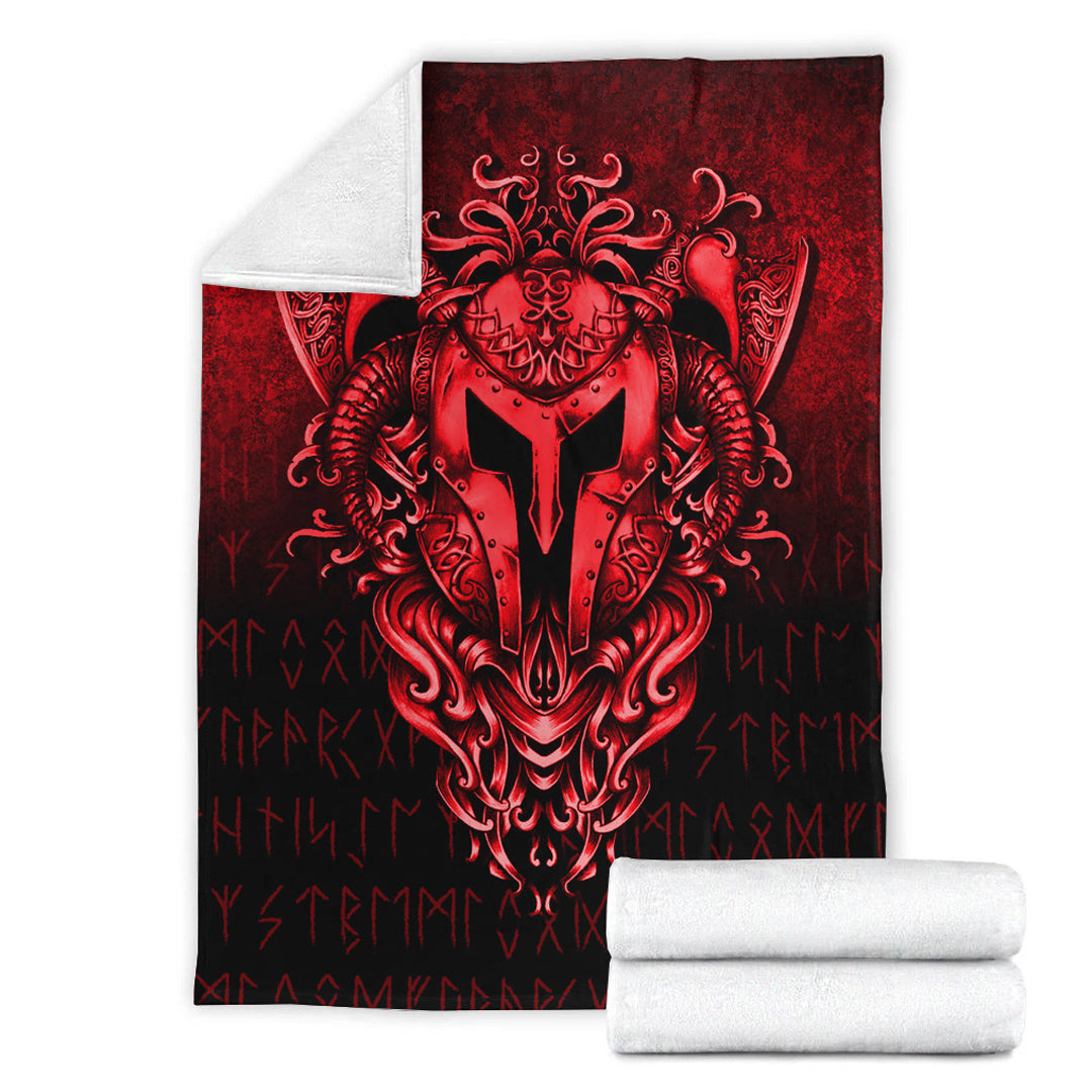Red Viking blanket folded over white backing, showing helmet emblem and rune patterns