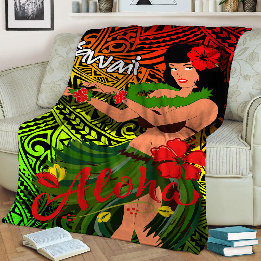 Aloha Hawaiian hula girl blanket on sofa, red hibiscus, green tropical tribal swirl pattern