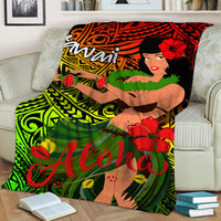 Aloha Hawaiian hula girl blanket on sofa, red hibiscus, green tropical tribal swirl pattern