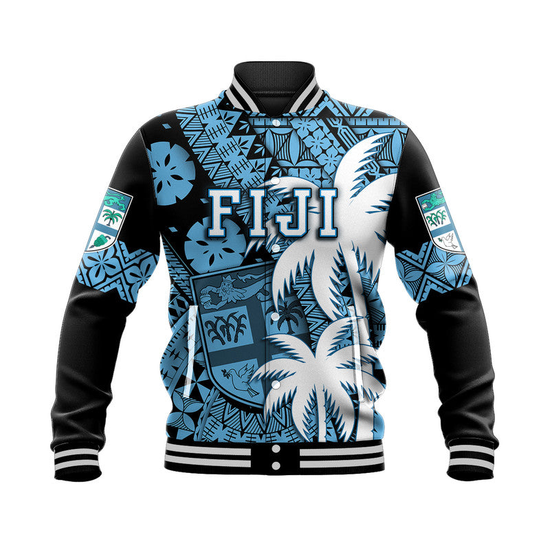 Blue unisex baseball jacket with Fiji crest, palm and tapa-style geometric print