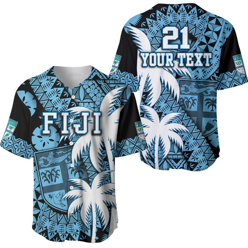 Blue and black tropical Fiji baseball jersey with “Fiji” front and “21 YOUR TEXT” back