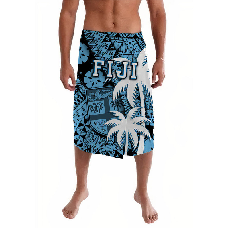 Blue tropical print wrap skirt with Fiji crest and palm leaves