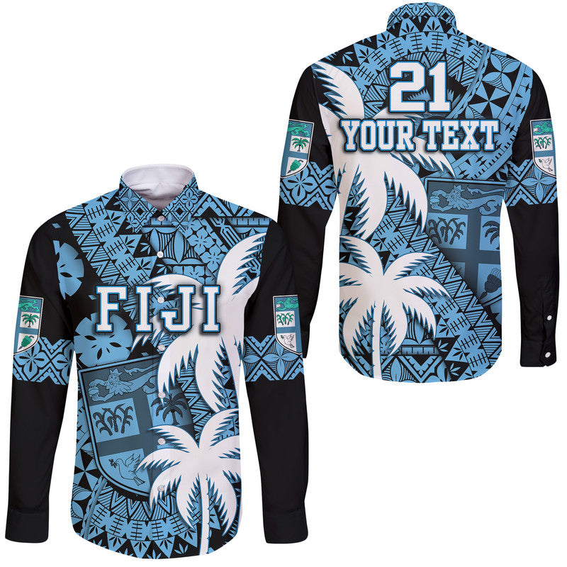 Blue long-sleeve button shirt with white palm print, black side panels, collar.