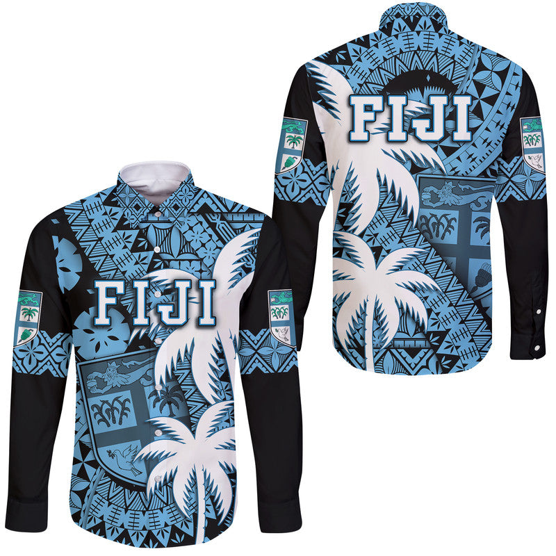 Blue long-sleeve button shirt with dark sleeves, Fiji graphic, palm and tribal patterns