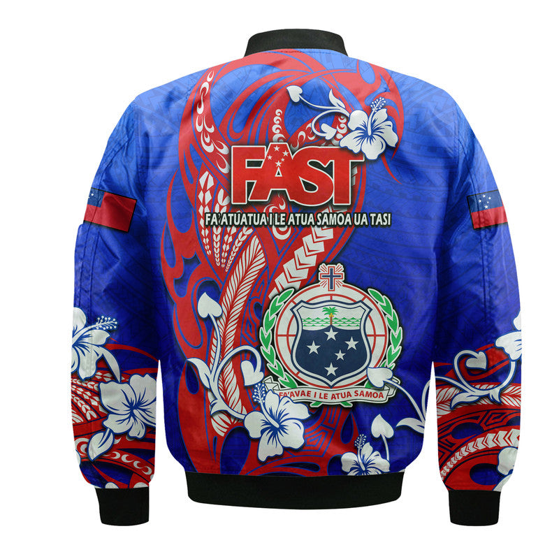Blue bomber jacket back with FAST logo, red tribal Hibiscus artwork and black ribbed cuffs